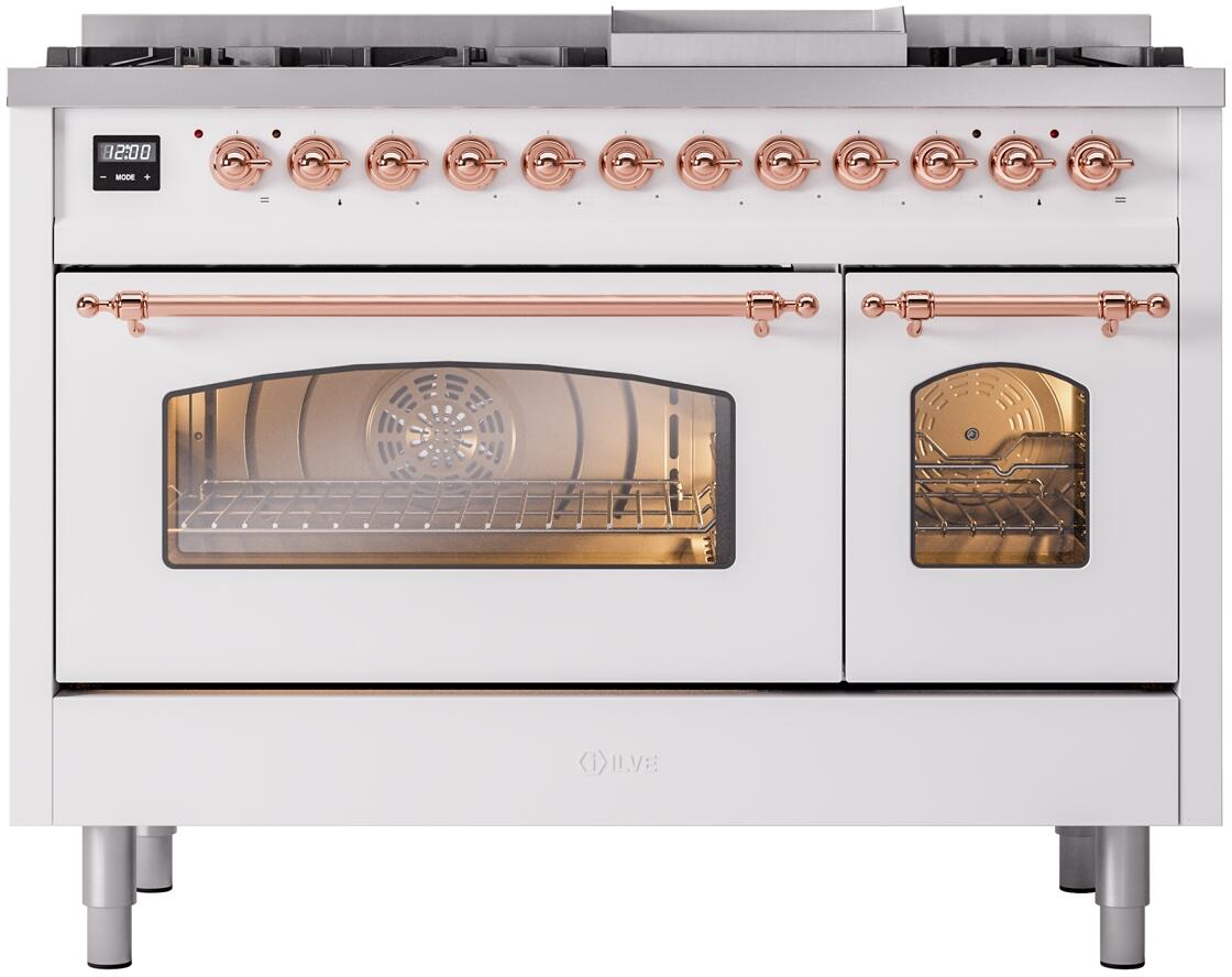 Ilve UP48FNMPWHP Nostalgie Ii 48 Inch Dual Fuel Natural Gas Freestanding Range In White With Copper Trim