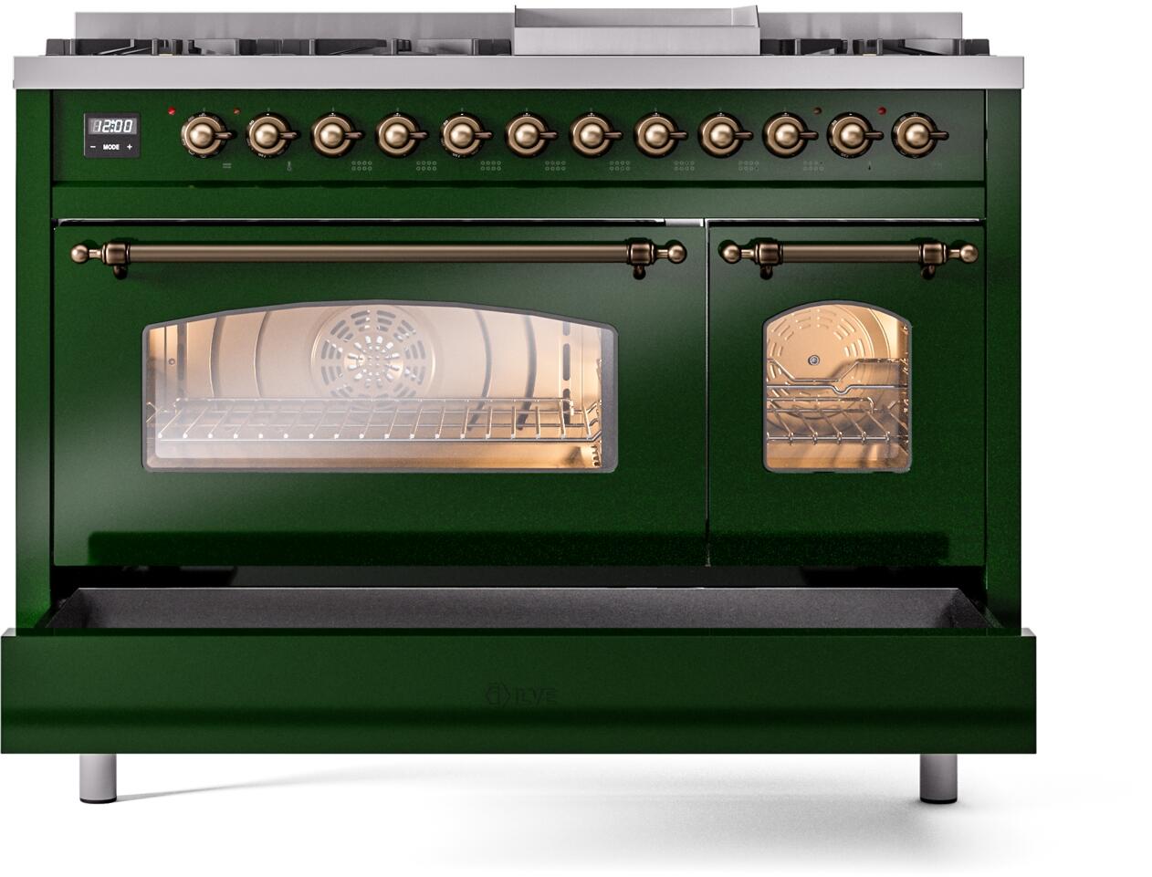 Ilve UP48FNMPEGBLP Nostalgie Ii 48 Inch Dual Fuel Liquid Propane Freestanding Range In Emerald Green With Bronze Trim