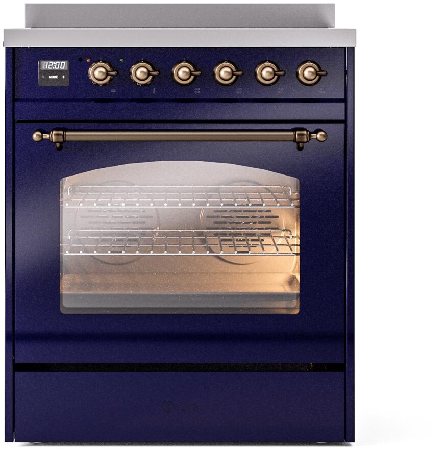 Ilve UPI304NMPMBB Nostalgie Ii 30 Inch Electric Freestanding Range In Blue With Bronze Trim