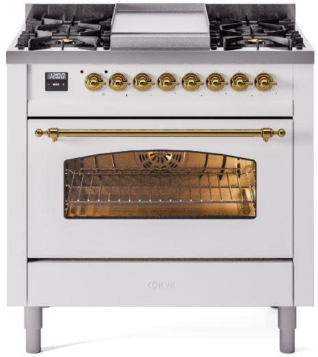 Ilve UP36FNMPWHGLP Nostalgie Ii 36 Inch Dual Fuel Liquid Propane Freestanding Range In White With Brass Trim