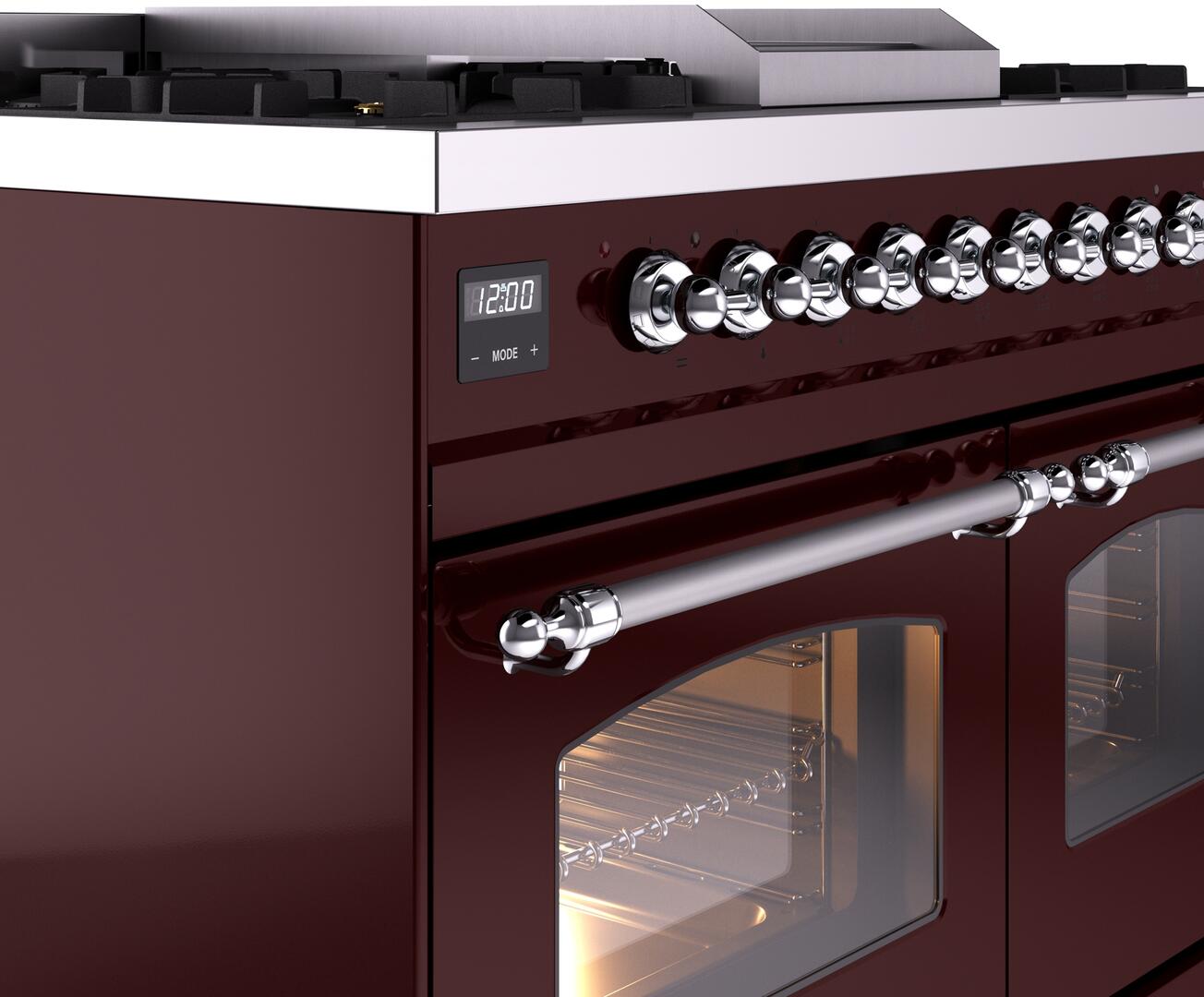 Ilve UPD40FNMPBUCLP Nostalgie Ii 40 Inch Dual Fuel Liquid Propane Freestanding Range In Burgundy With Chrome Trim