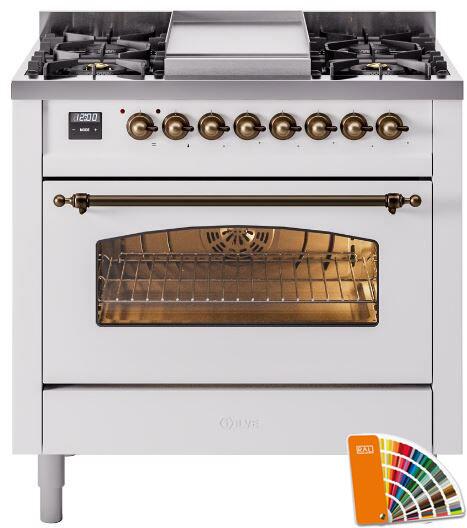 Ilve UP36FNMPRABLP Nostalgie Ii 36 Inch Dual Fuel Liquid Propane Freestanding Range In Ral Custom Color With Bronze Trim