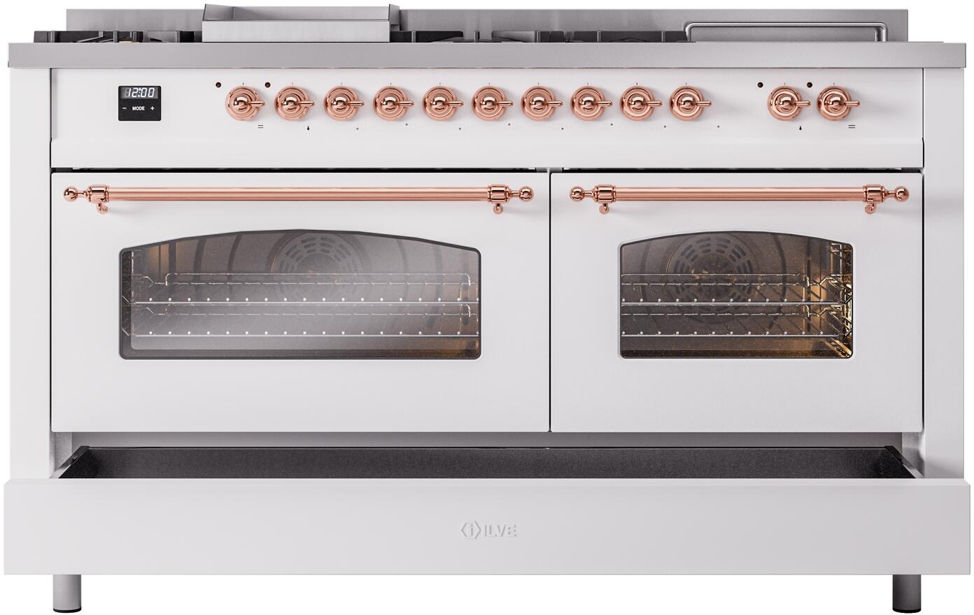 Ilve UP60FSNMPWHP Nostalgie Ii 60 Inch Dual Fuel Natural Gas Freestanding Range In White With Copper Trim