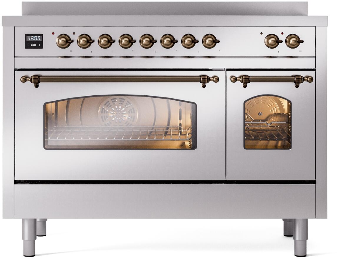 Ilve UPI486NMPSSB Nostalgie Ii 48 Inch Electric Freestanding Range In Stainless Steel With Bronze Trim