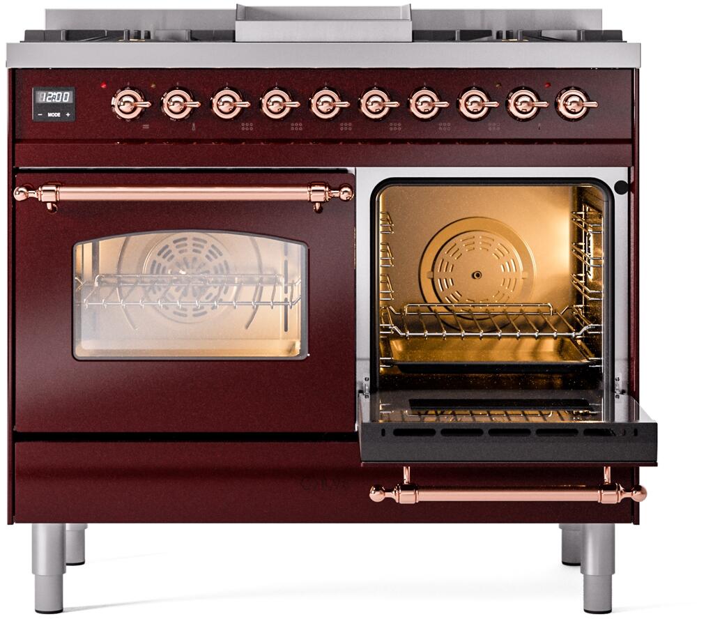 Ilve UPD40FNMPBUP Nostalgie Ii 40 Inch Dual Fuel Natural Gas Freestanding Range In Burgundy With Copper Trim