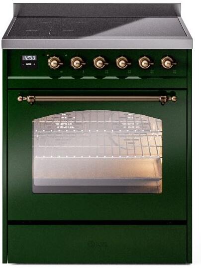 Ilve UPI304NMPEGB Nostalgie Ii 30 Inch Electric Freestanding Range In Emerald Green With Bronze Trim