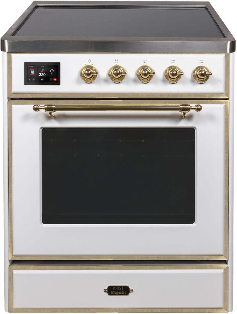 Ilve UMI30NE3WHG Majestic Ii 30 Inch Electric Freestanding Range In White With Brass Trim