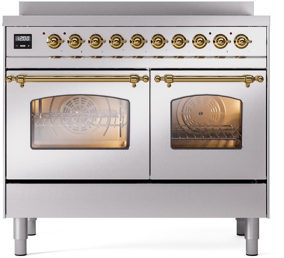 Ilve UPDI406NMPSSG Nostalgie Ii 40 Inch Electric Freestanding Range In Stainless Steel With Brass Trim