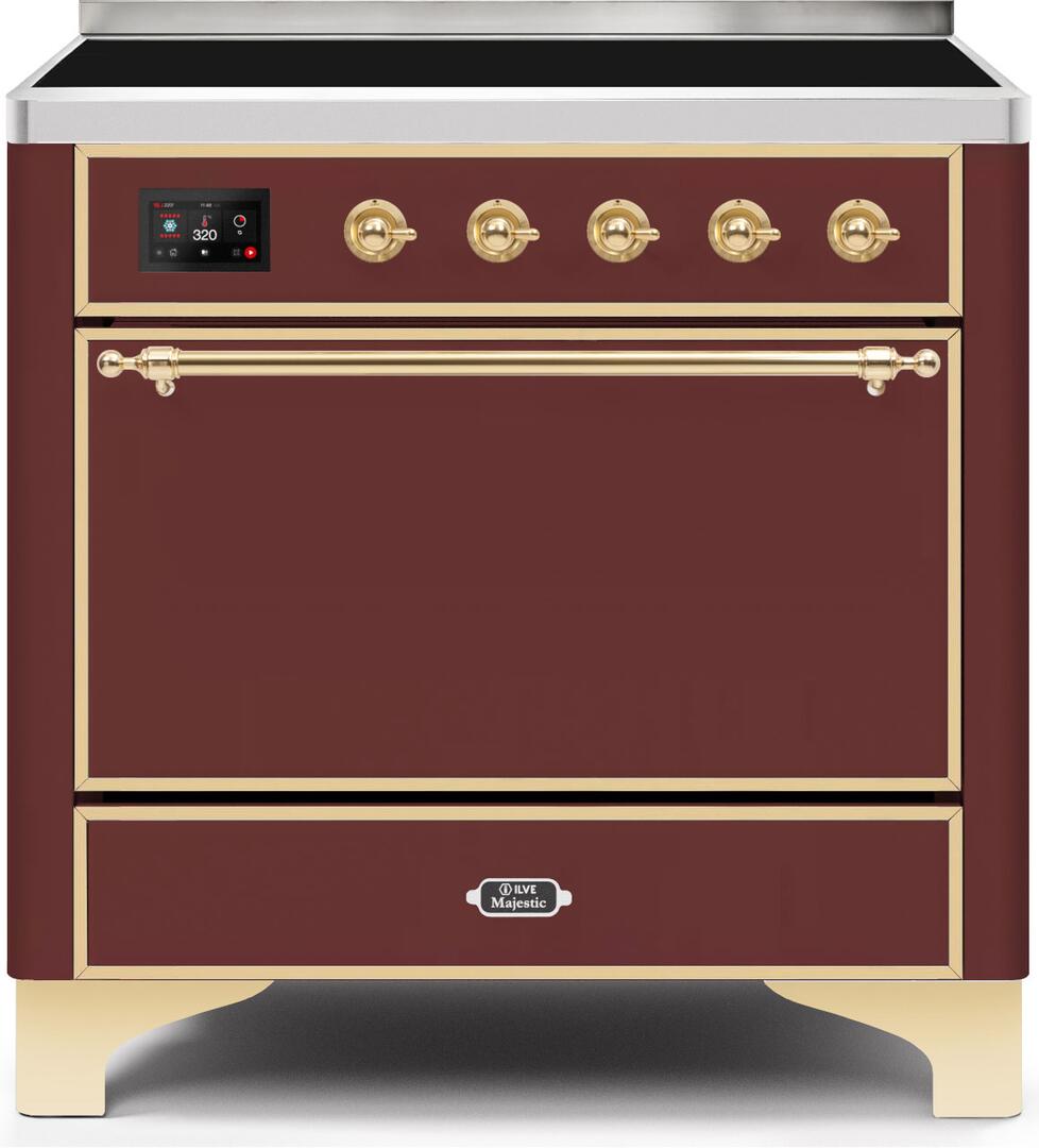 Ilve UMI09QNS3BUG Majestic Ii 36 Inch Electric Freestanding Range In Burgundy With Brass Trim