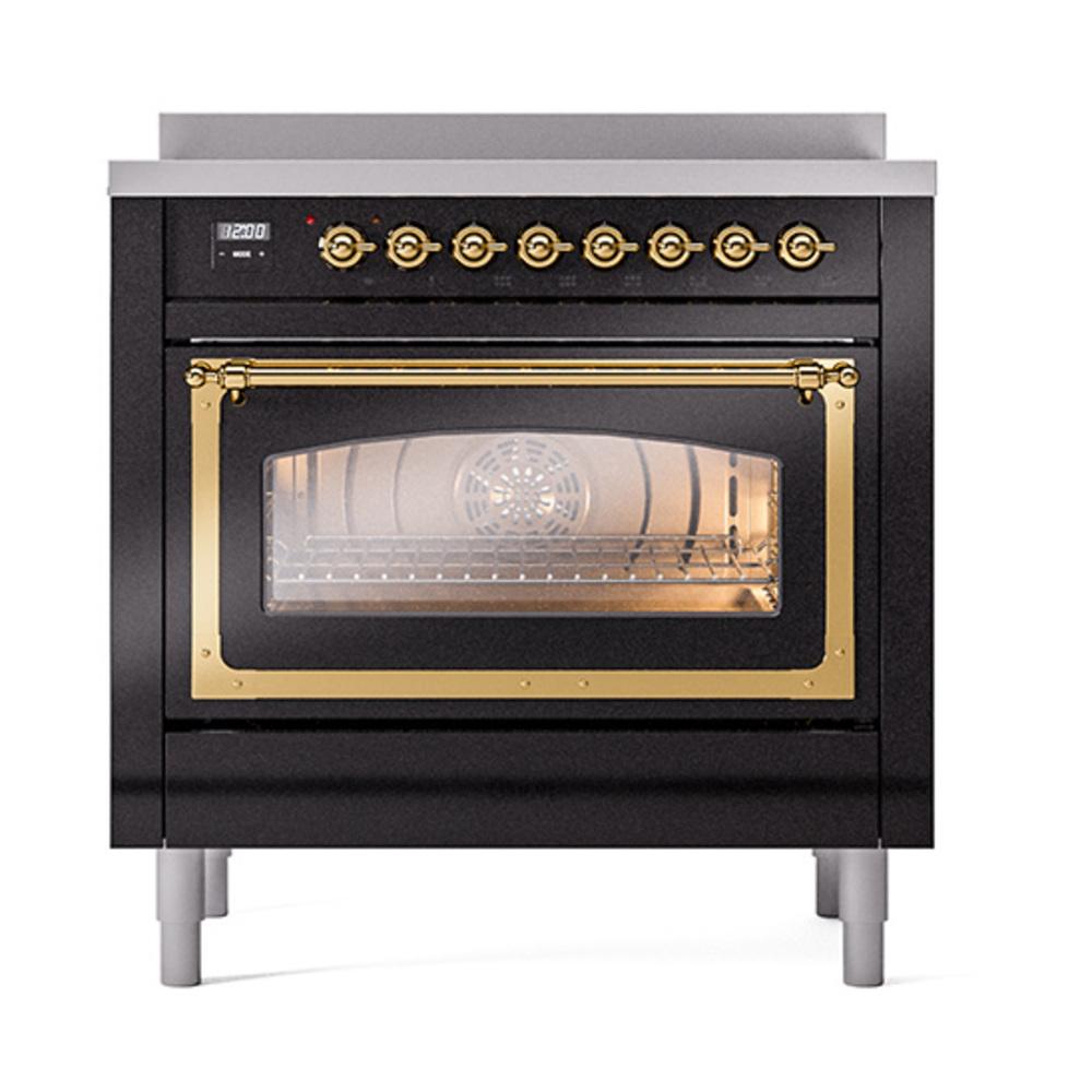 Ilve UNI366NMPBKG Ilve Uni366Nmpbkg Nostalgie Ii Noblesse 36" Induction Range (Triple Glass Door, Glossy Black, Brass)