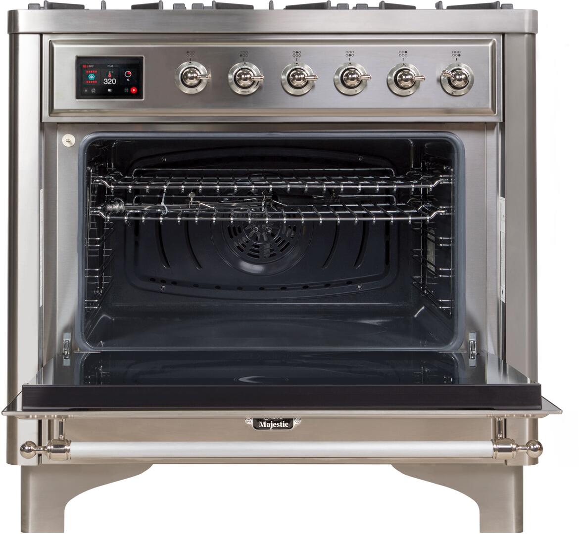 Ilve UM09FDNS3SSC Majestic Ii 36 Inch Dual Fuel Natural Gas Freestanding Range In Stainless Steel With Chrome Trim