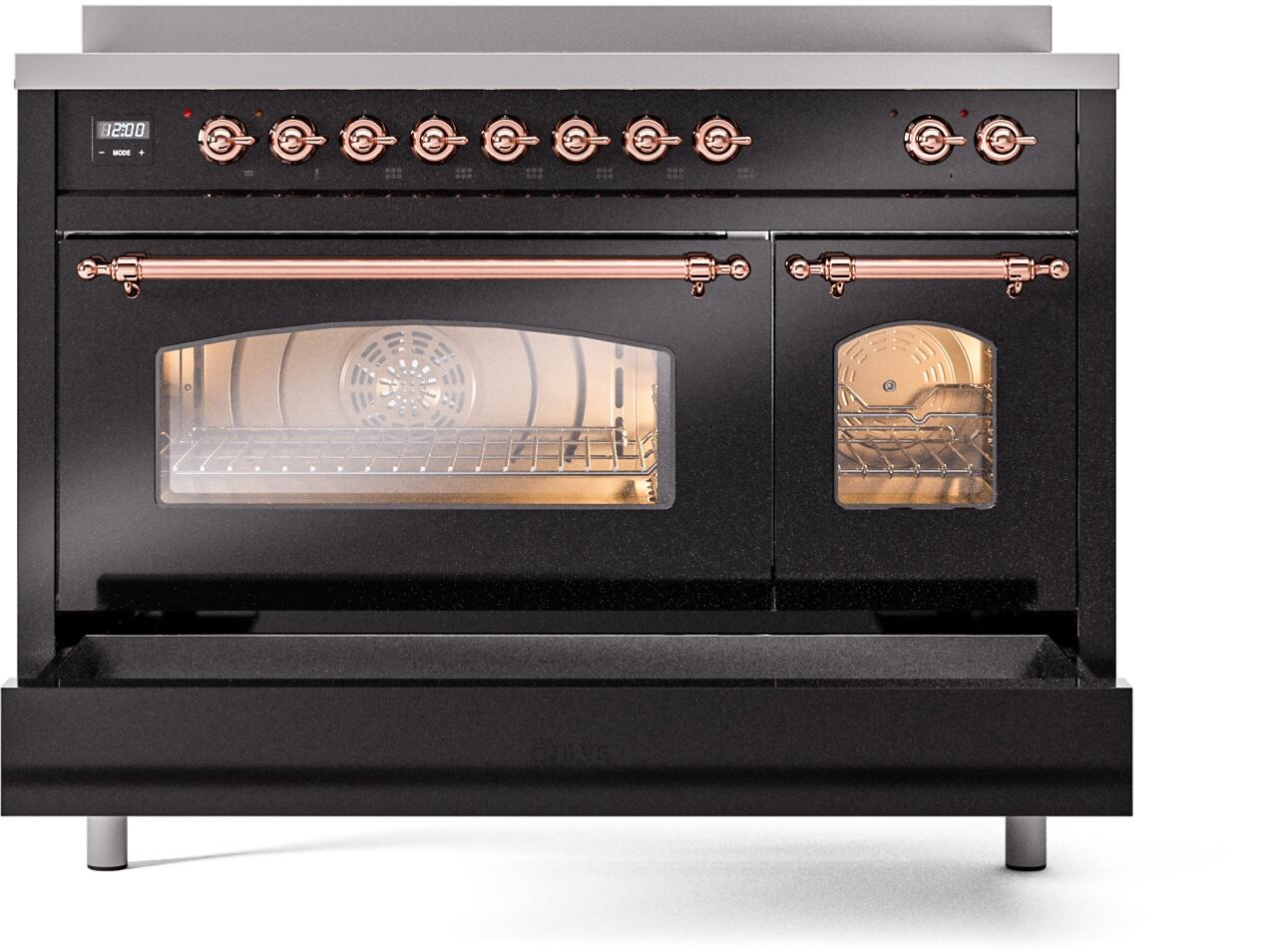 Ilve UPI486NMPBKP Nostalgie Ii 48 Inch Electric Freestanding Range In Glossy Black With Copper Trim