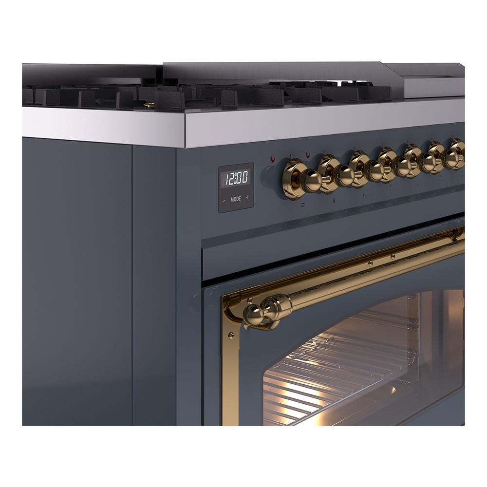 Ilve UN48FNMPBGG Ilve Un48Fnmpbgg Nostalgie Ii Noblesse 48" Dual Fuel Range (8 Sealed Burners + Griddle, Natural Gas, Triple Glass Door, Blue Grey, Brass)