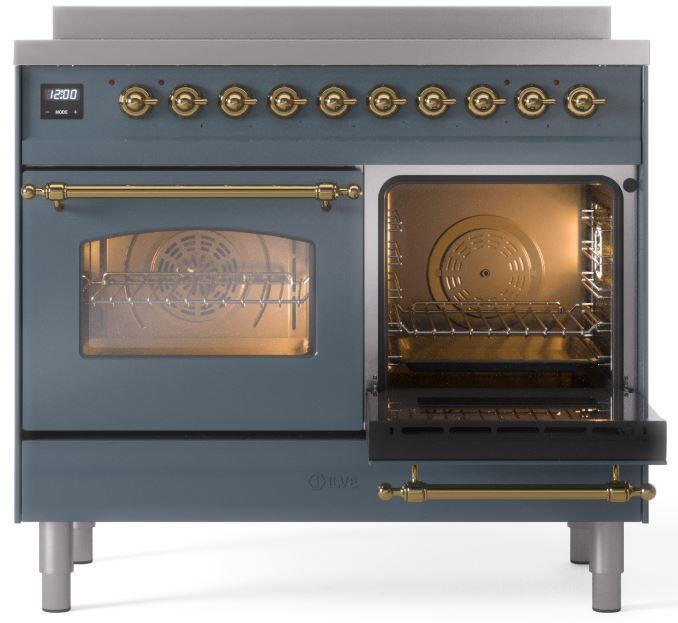 Ilve UPDI406NMPBGG Nostalgie Ii 40 Inch Electric Freestanding Range In Blue Grey With Brass Trim