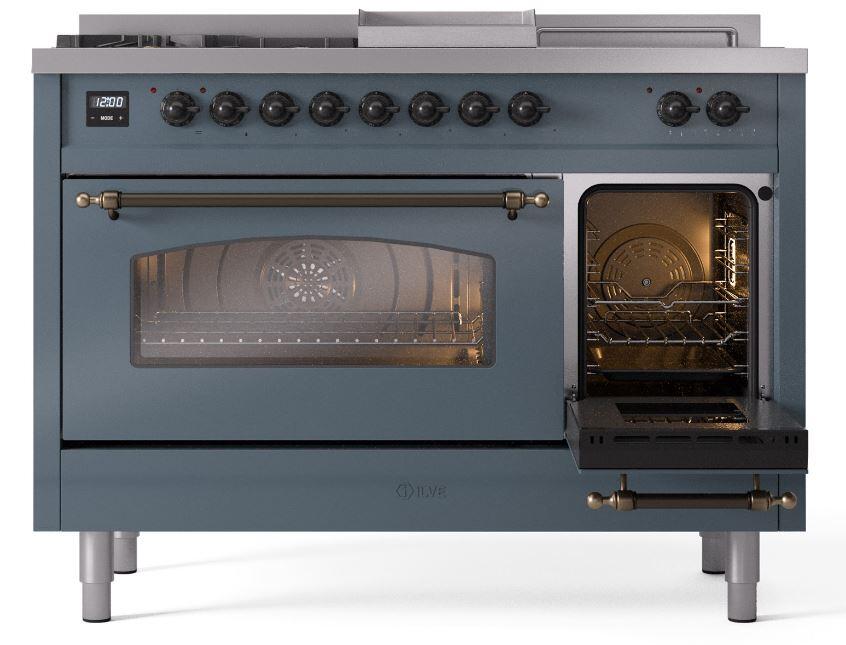 Ilve UP48FSNMPBGBLP Nostalgie Ii 48 Inch Dual Fuel Liquid Propane Freestanding Range In Blue Grey With Bronze Trim