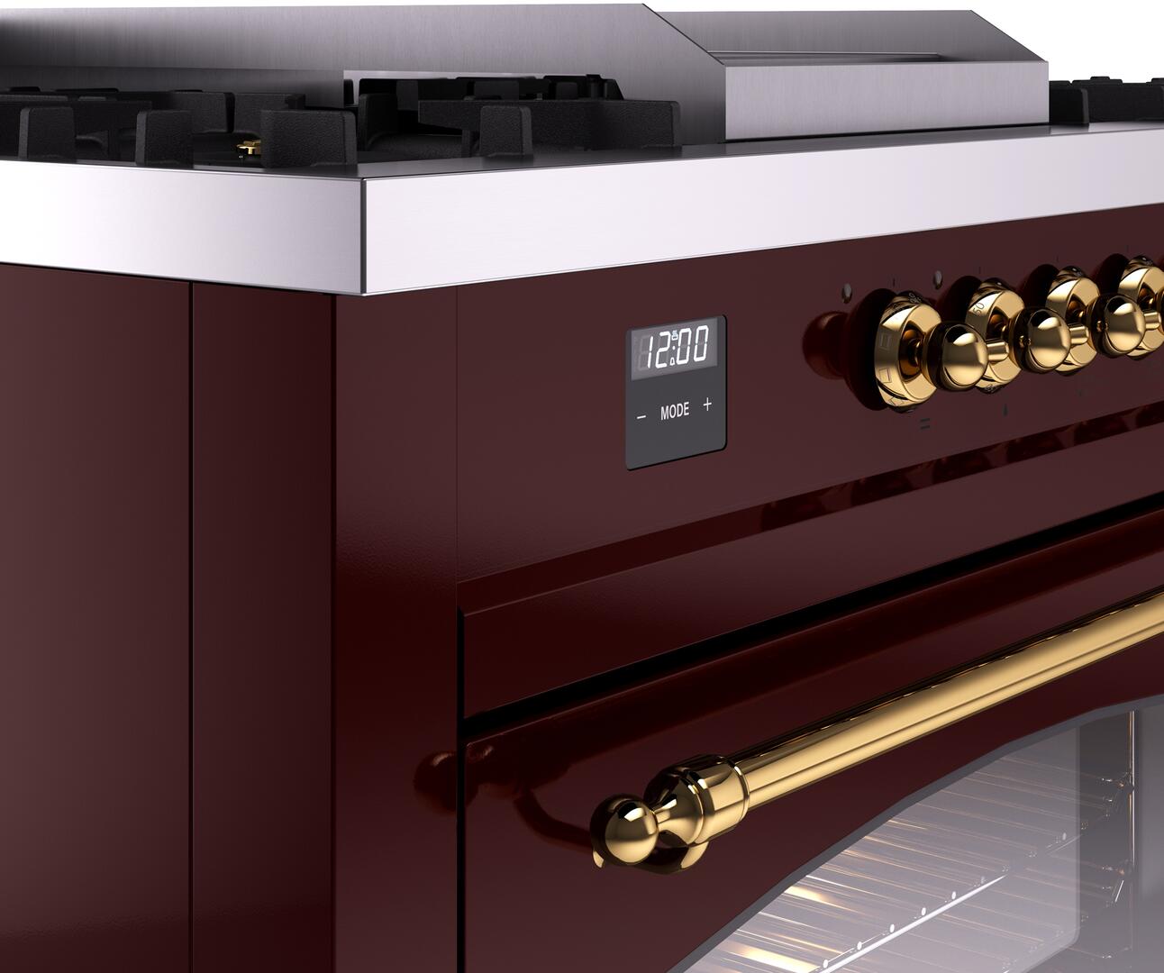 Ilve UP60FSNMPBUG Nostalgie Ii 60 Inch Dual Fuel Natural Gas Freestanding Range In Burgundy With Brass Trim