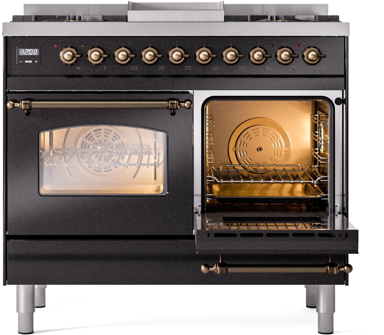 Ilve UPD40FNMPBKB Nostalgie Ii 40 Inch Dual Fuel Natural Gas Freestanding Range In Glossy Black With Bronze Trim