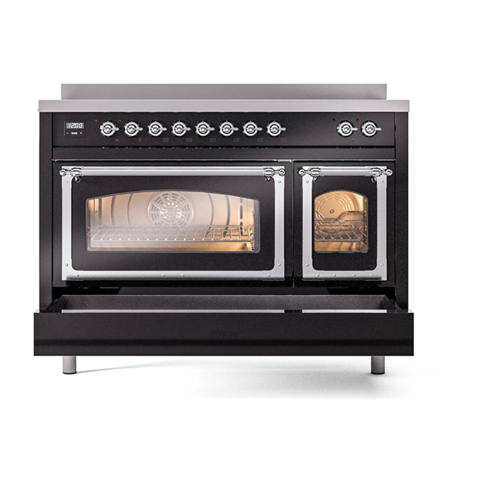 Ilve UNI486NMPBKC Ilve Uni486Nmpbkc Nostalgie Ii Noblesse 48" Induction Range (Triple Glass Door, Glossy Black, Chrome)