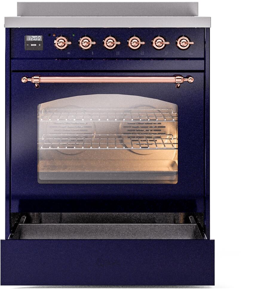 Ilve UPI304NMPMBP Nostalgie Ii 30 Inch Electric Freestanding Range In Blue With Copper Trim