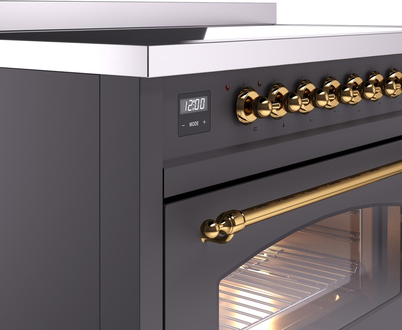 Ilve UPI486NMPMGG Nostalgie Ii 48 Inch Electric Freestanding Range In Matte Graphite With Brass Trim