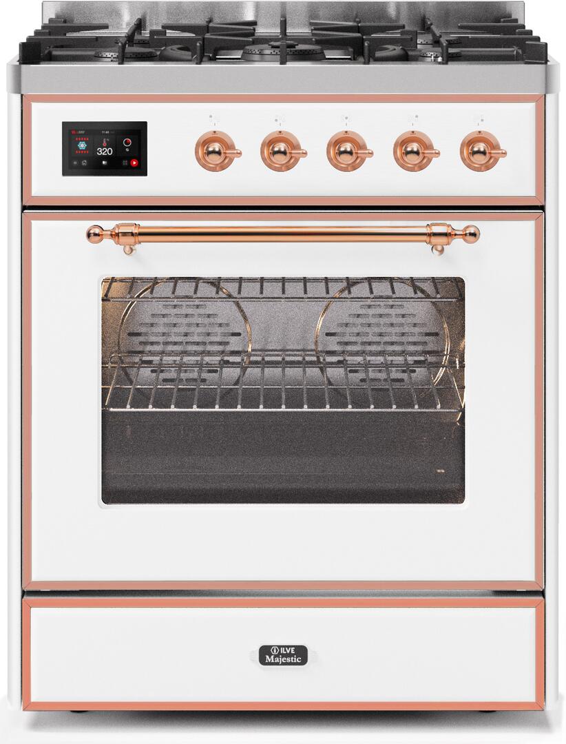 Ilve UM30DNE3WHPLP Majestic Ii 30 Inch Dual Fuel Liquid Propane Freestanding Range In White With Copper Trim