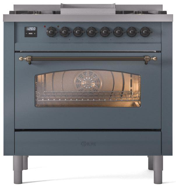 Ilve UP36FNMPBGBLP Nostalgie Ii 36 Inch Dual Fuel Liquid Propane Freestanding Range In Blue Grey With Bronze Trim