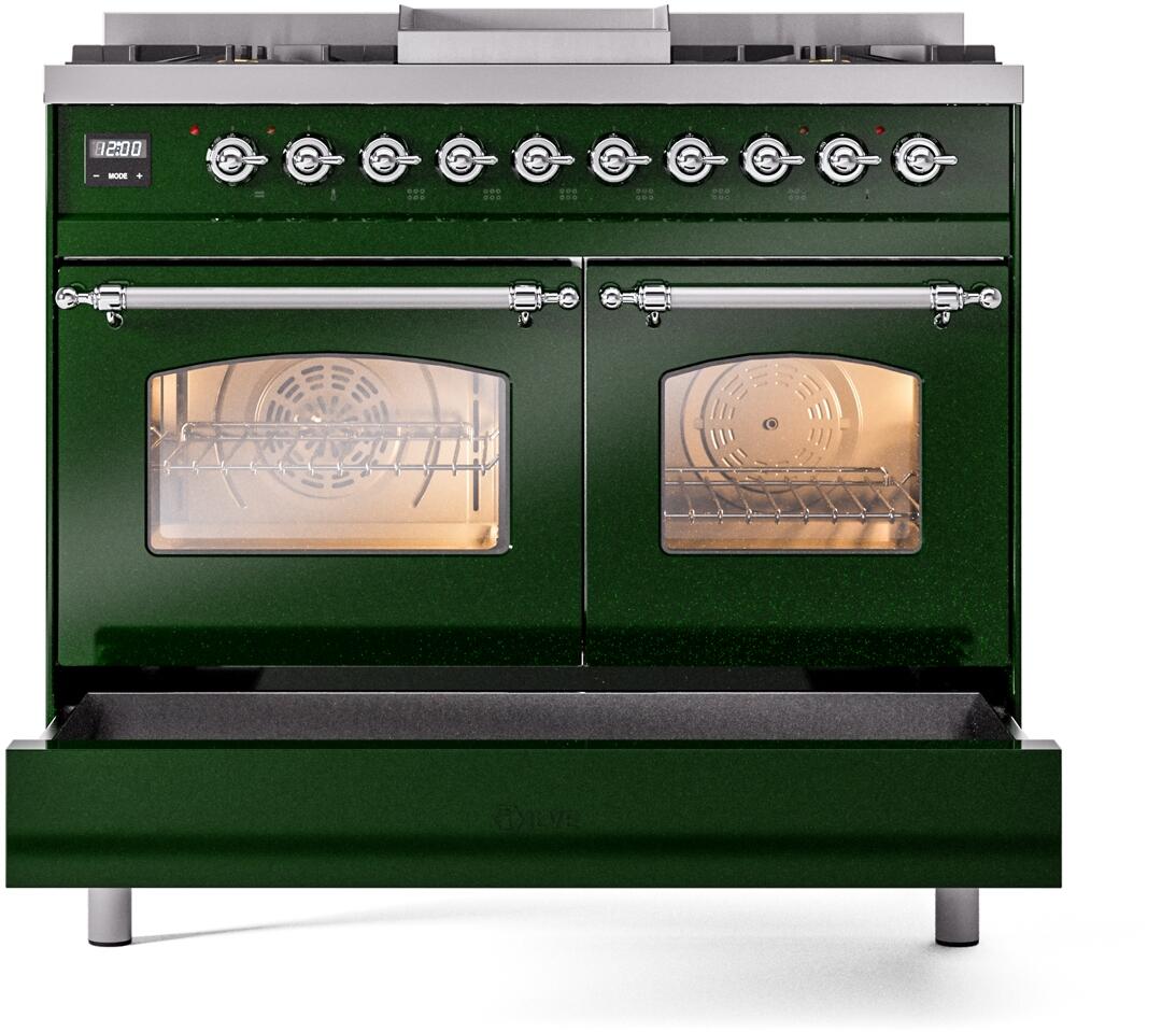 Ilve UPD40FNMPEGC Nostalgie Ii 40 Inch Dual Fuel Natural Gas Freestanding Range In Emerald Green With Chrome Trim