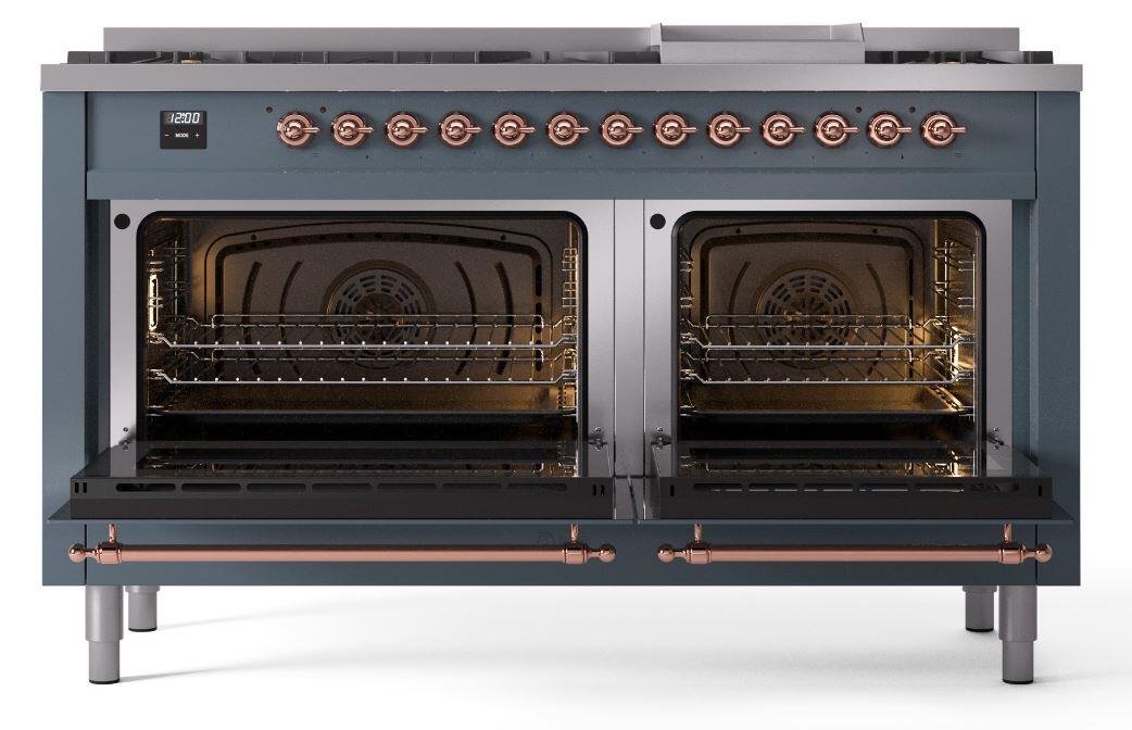 Ilve UP60FNMPBGPLP Nostalgie Ii 60 Inch Dual Fuel Liquid Propane Freestanding Range In Blue Grey With Copper Trim