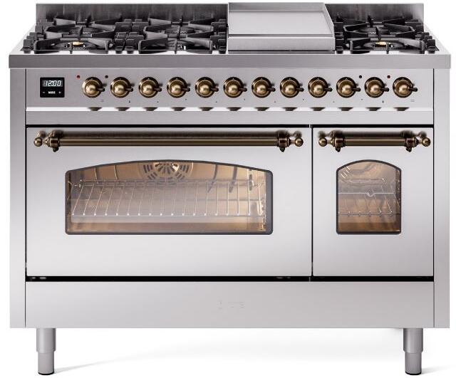 Ilve UP48FNMPSSB Nostalgie Ii 48 Inch Dual Fuel Natural Gas Freestanding Range In Stainless Steel With Bronze Trim