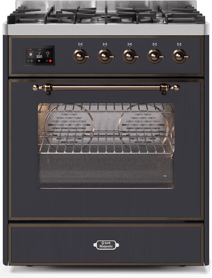 Ilve UM30DNE3MGB Majestic Ii 30 Inch Dual Fuel Natural Gas Freestanding Range In Matte Graphite With Bronze Trim