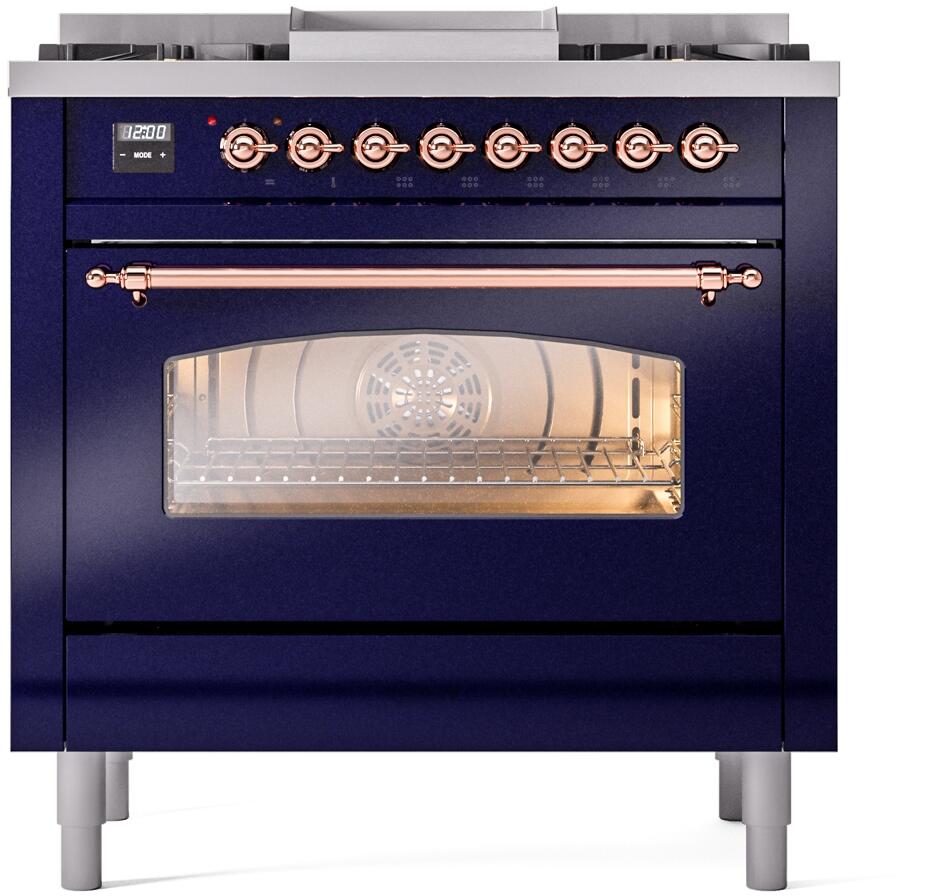 Ilve UP36FNMPMBPLP Nostalgie Ii 36 Inch Dual Fuel Liquid Propane Freestanding Range In Blue With Copper Trim