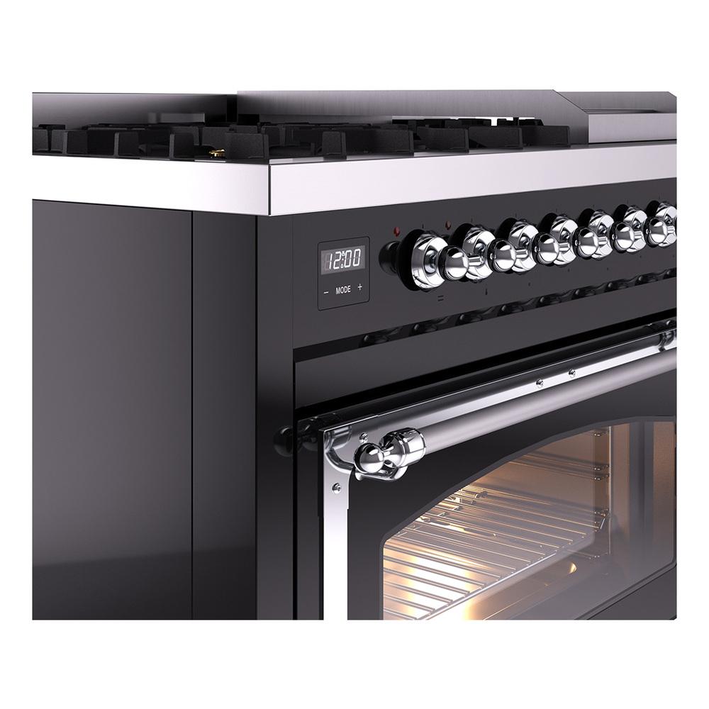 Ilve UN48FNMPBKCLP Ilve Un48Fnmpbkclp Nostalgie Ii Noblesse 48" Dual Fuel Range (8 Sealed Burners + Griddle, Liquid Propane, Triple Glass Door, Glossy Black, Chrome)