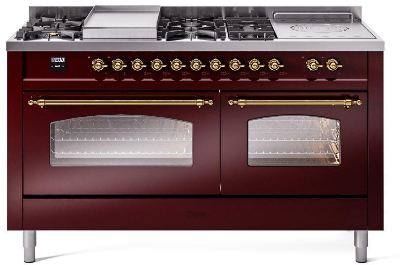 Ilve UP60FSNMPBUGLP Nostalgie Ii 60 Inch Dual Fuel Liquid Propane Freestanding Range In Burgundy With Brass Trim