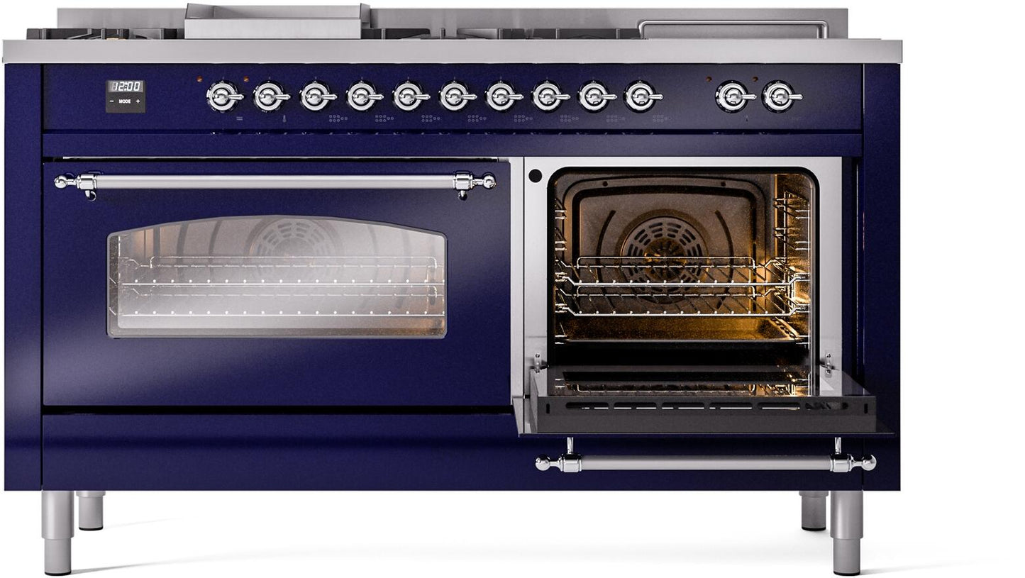 Ilve UP60FSNMPMBCLP Nostalgie Ii 60 Inch Dual Fuel Liquid Propane Freestanding Range In Blue With Chrome Trim