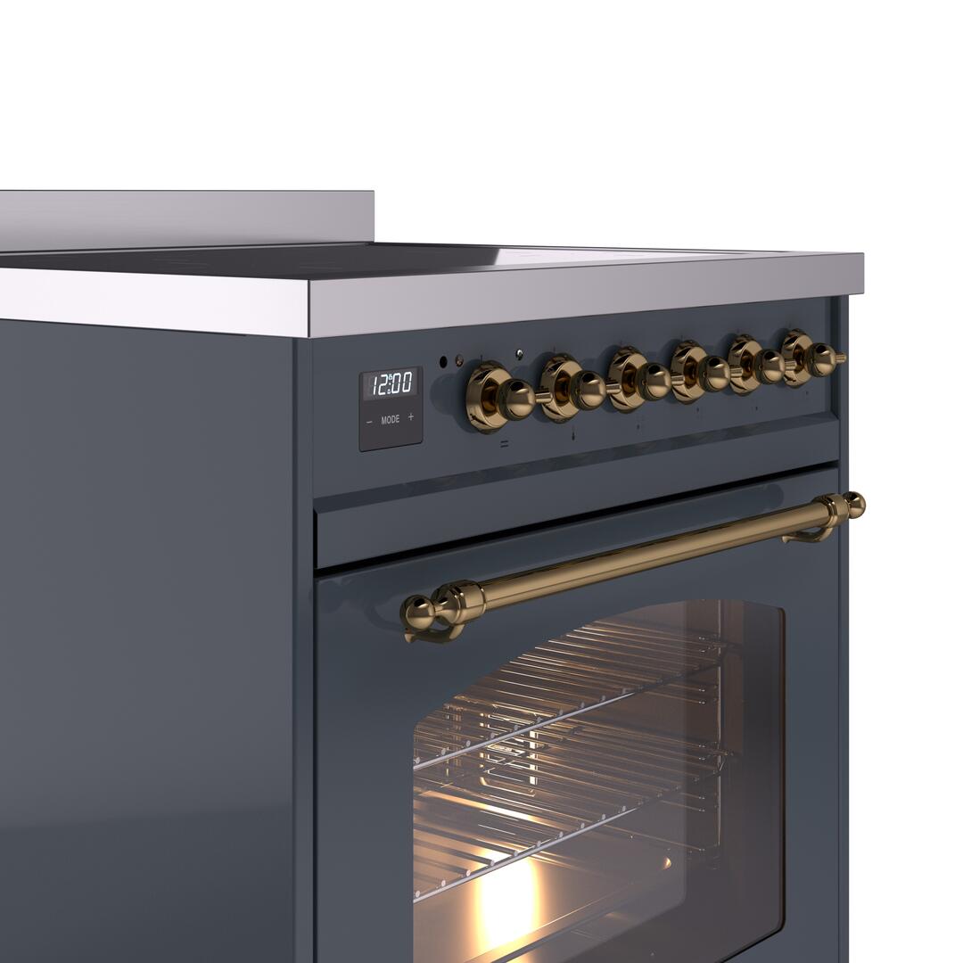 Ilve UPI304NMPBGG Nostalgie Ii 30 Inch Electric Freestanding Range In Blue Grey With Brass Trim