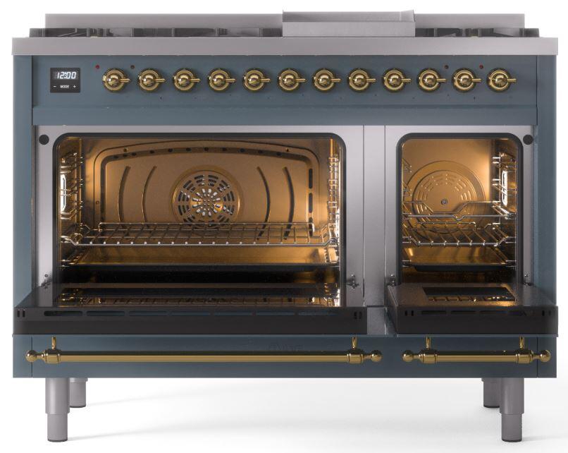 Ilve UP48FNMPBGGLP Nostalgie Ii 48 Inch Dual Fuel Liquid Propane Freestanding Range In Blue Grey With Brass Trim