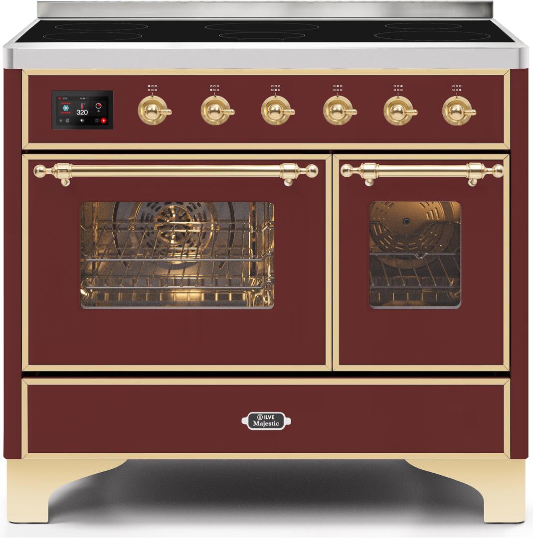 Ilve UMDI10NS3BUG Majestic Ii 40 Inch Electric Freestanding Range In Burgundy With Brass Trim