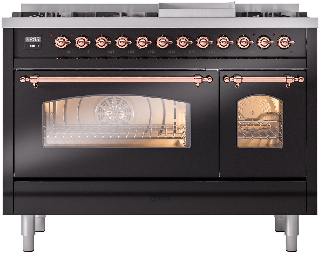 Ilve UP48FNMPBKPLP Nostalgie Ii 48 Inch Dual Fuel Liquid Propane Freestanding Range In Glossy Black With Copper Trim