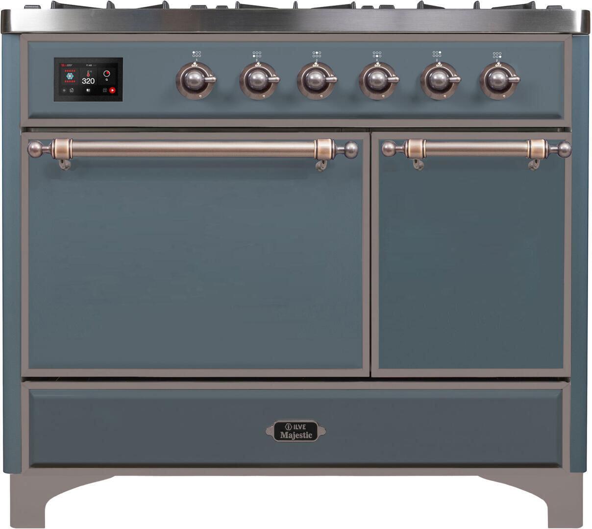 Ilve UMD10FDQNS3BGB Majestic Ii 40 Inch Dual Fuel Natural Gas Freestanding Range In Blue Grey With Bronze Trim