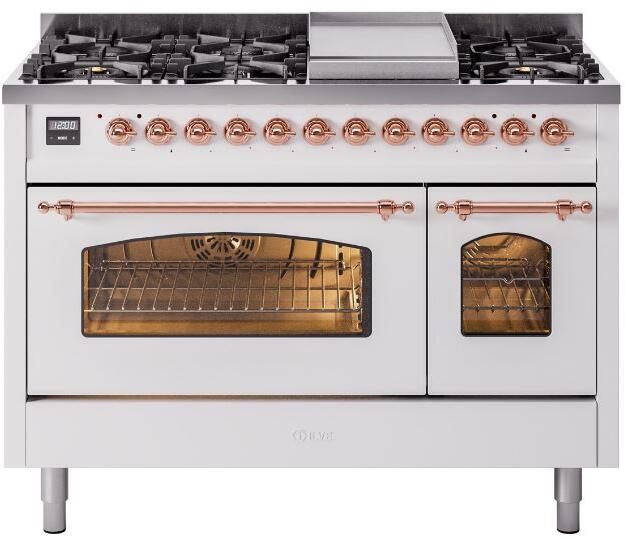 Ilve UP48FNMPWHPLP Nostalgie Ii 48 Inch Dual Fuel Liquid Propane Freestanding Range In White With Copper Trim