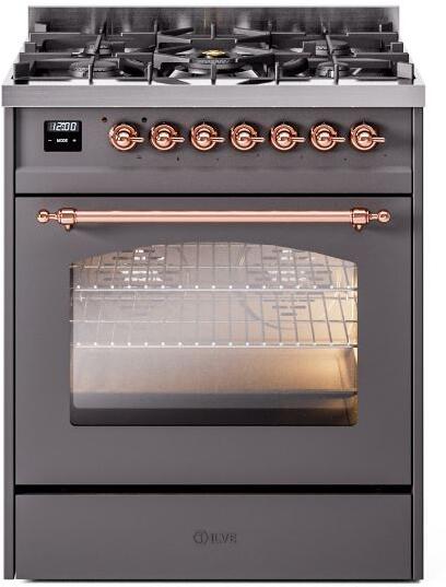 Ilve UP30NMPMGPLP Nostalgie Ii 30 Inch Dual Fuel Liquid Propane Freestanding Range In Matte Graphite With Copper Trim