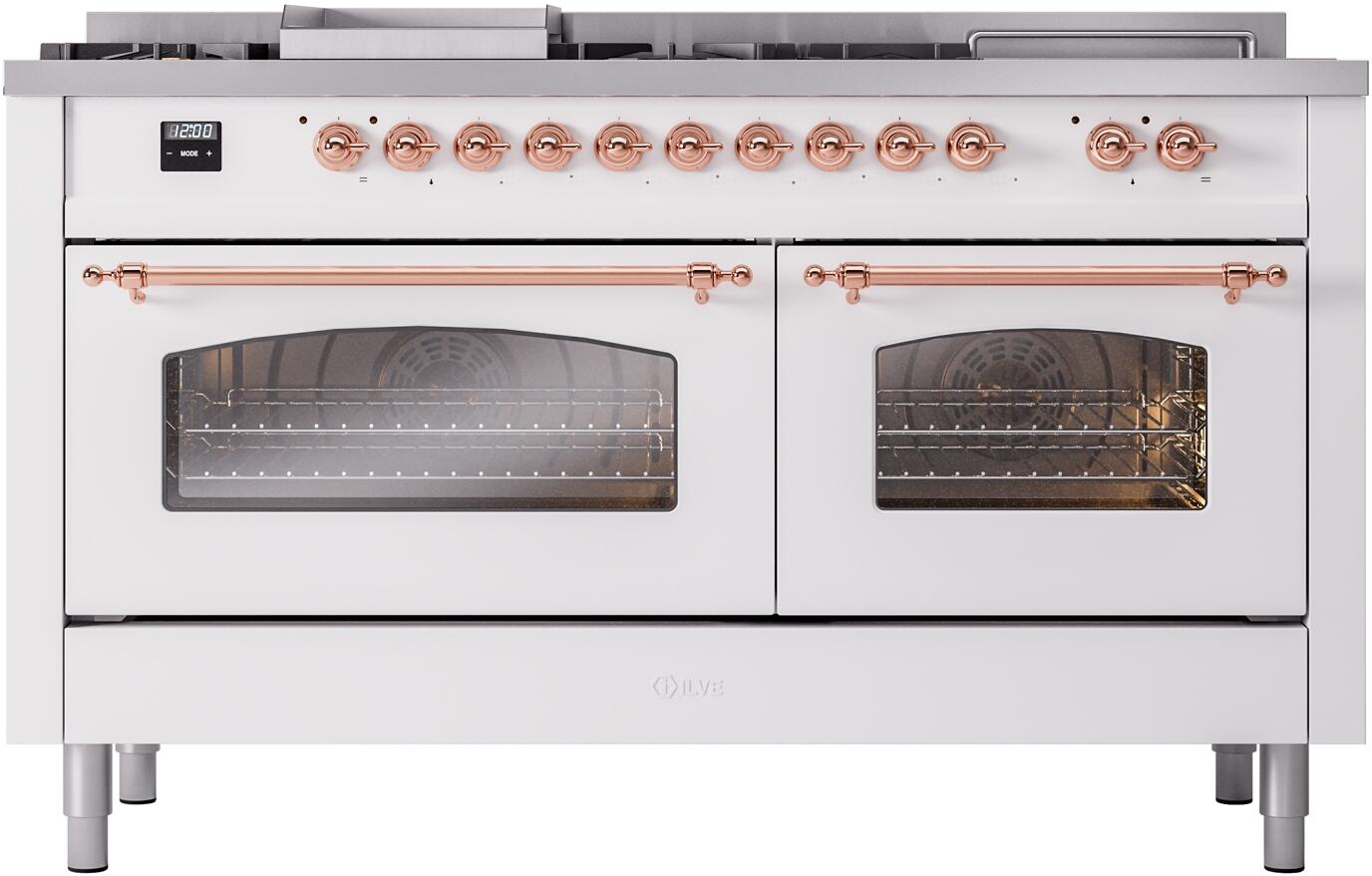 Ilve UP60FSNMPWHPLP Nostalgie Ii 60 Inch Dual Fuel Liquid Propane Freestanding Range In White With Copper Trim