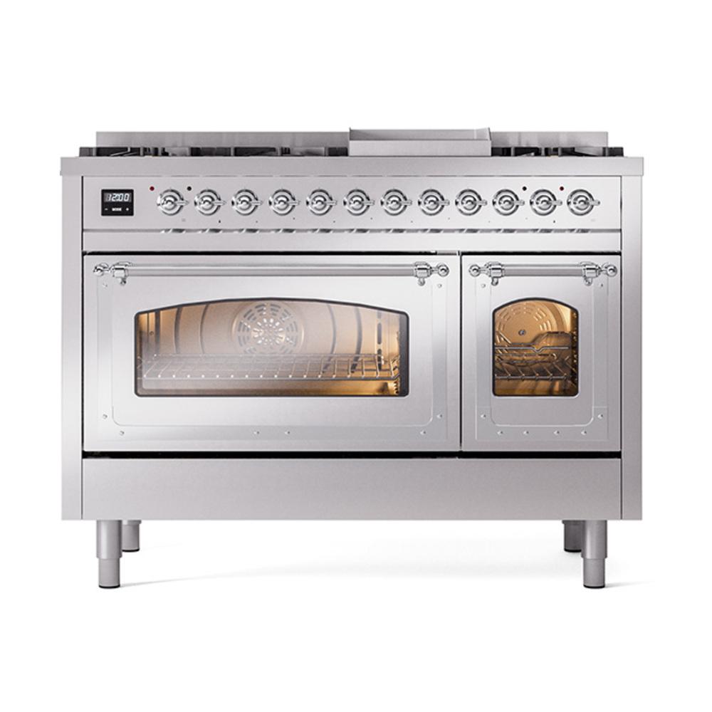 Ilve UN48FNMPSSCLP Ilve Un48Fnmpssclp Nostalgie Ii Noblesse 48" Dual Fuel Range (8 Sealed Burners + Griddle, Liquid Propane, Triple Glass Door, Stainless Steel, Chrome)