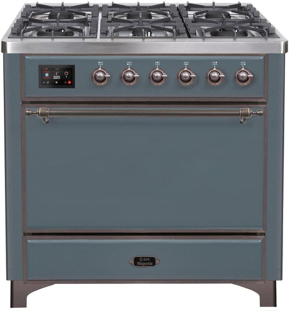 Ilve UM09FDQNS3BGBLP 36 Inch Dual Fuel Liquid Propane Freestanding Range In Blue Grey With Bronze Trim