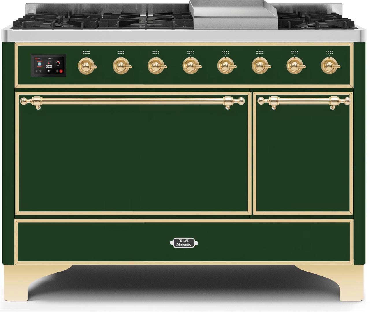 Ilve UM12FDQNS3EGG Majestic Ii 48 Inch Dual Fuel Natural Gas Freestanding Range In Emerald Green With Brass Trim