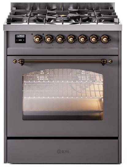 Ilve UP30NMPMGBLP Nostalgie Ii 30 Inch Dual Fuel Liquid Propane Freestanding Range In Matte Graphite With Bronze Trim