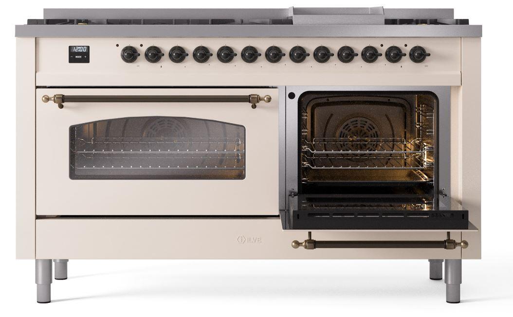 Ilve UP60FNMPAWB Nostalgie Ii 60 Inch Dual Fuel Natural Gas Freestanding Range In Antique White With Bronze Trim