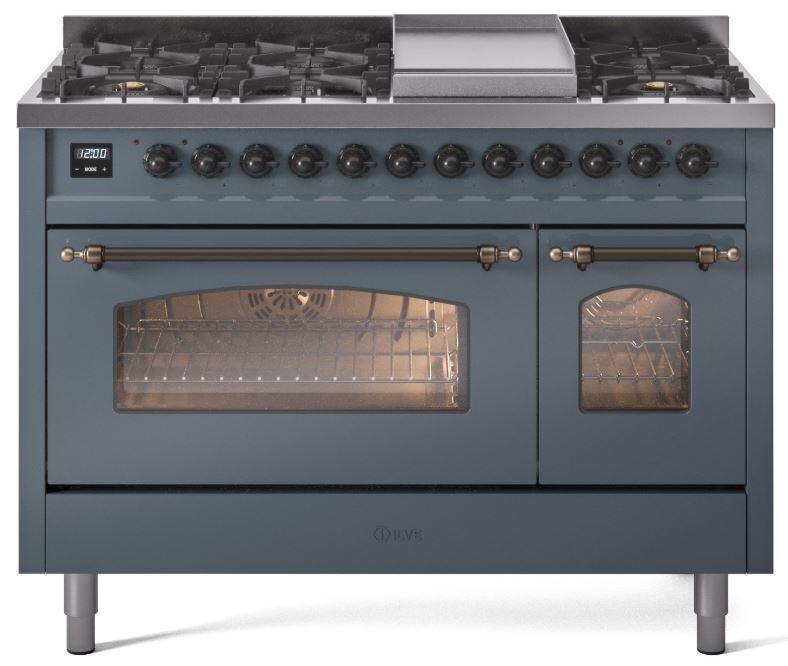 Ilve UP48FNMPBGB Nostalgie Ii 48 Inch Dual Fuel Natural Gas Freestanding Range In Blue Grey With Bronze Trim