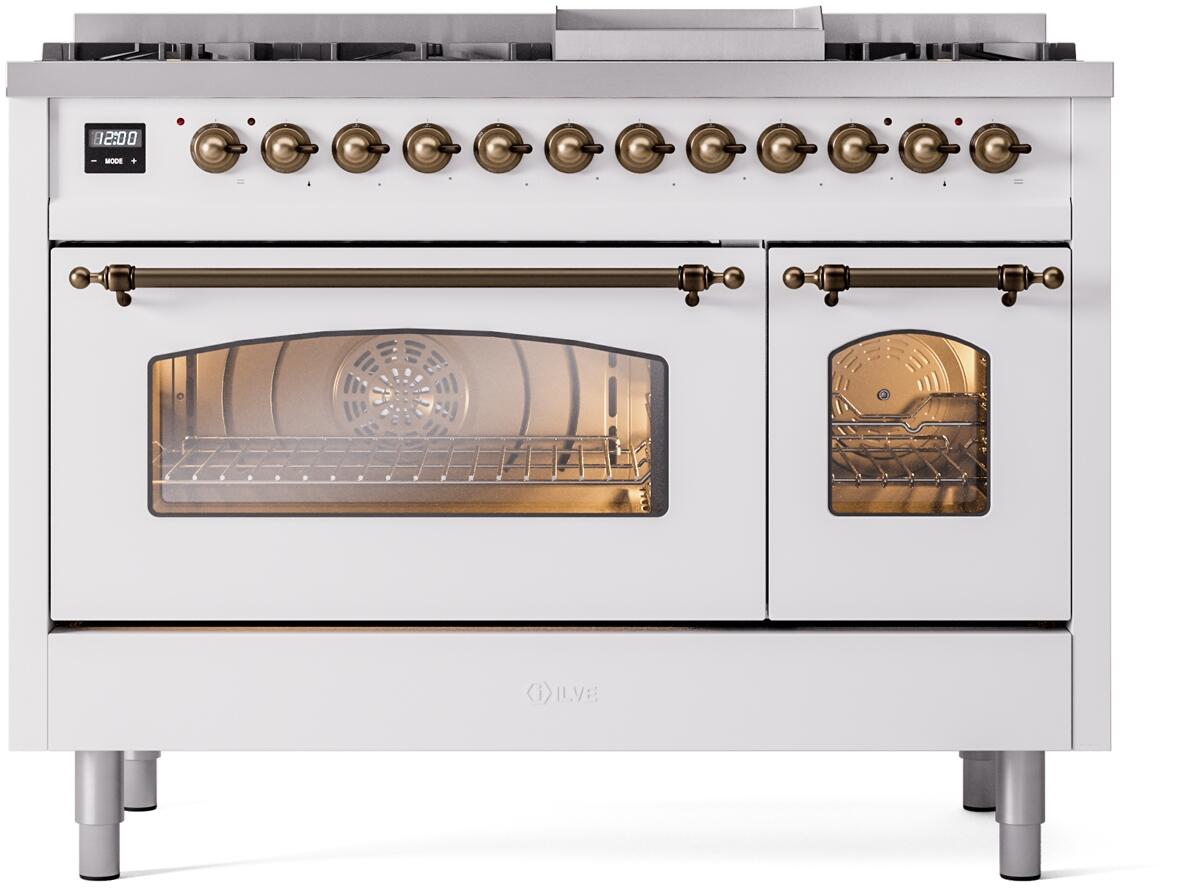 Ilve UP48FNMPWHB Nostalgie Ii 48 Inch Dual Fuel Natural Gas Freestanding Range In White With Bronze Trim