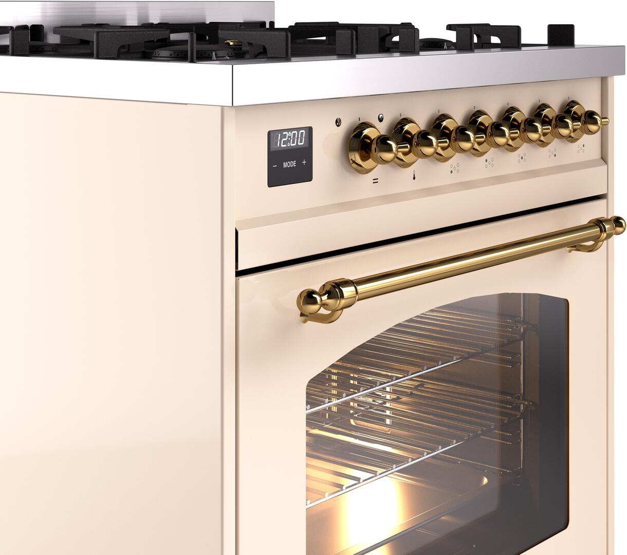 Ilve UP30NMPAWG Nostalgie Ii 30 Inch Dual Fuel Natural Gas Freestanding Range In Antique White With Brass Trim